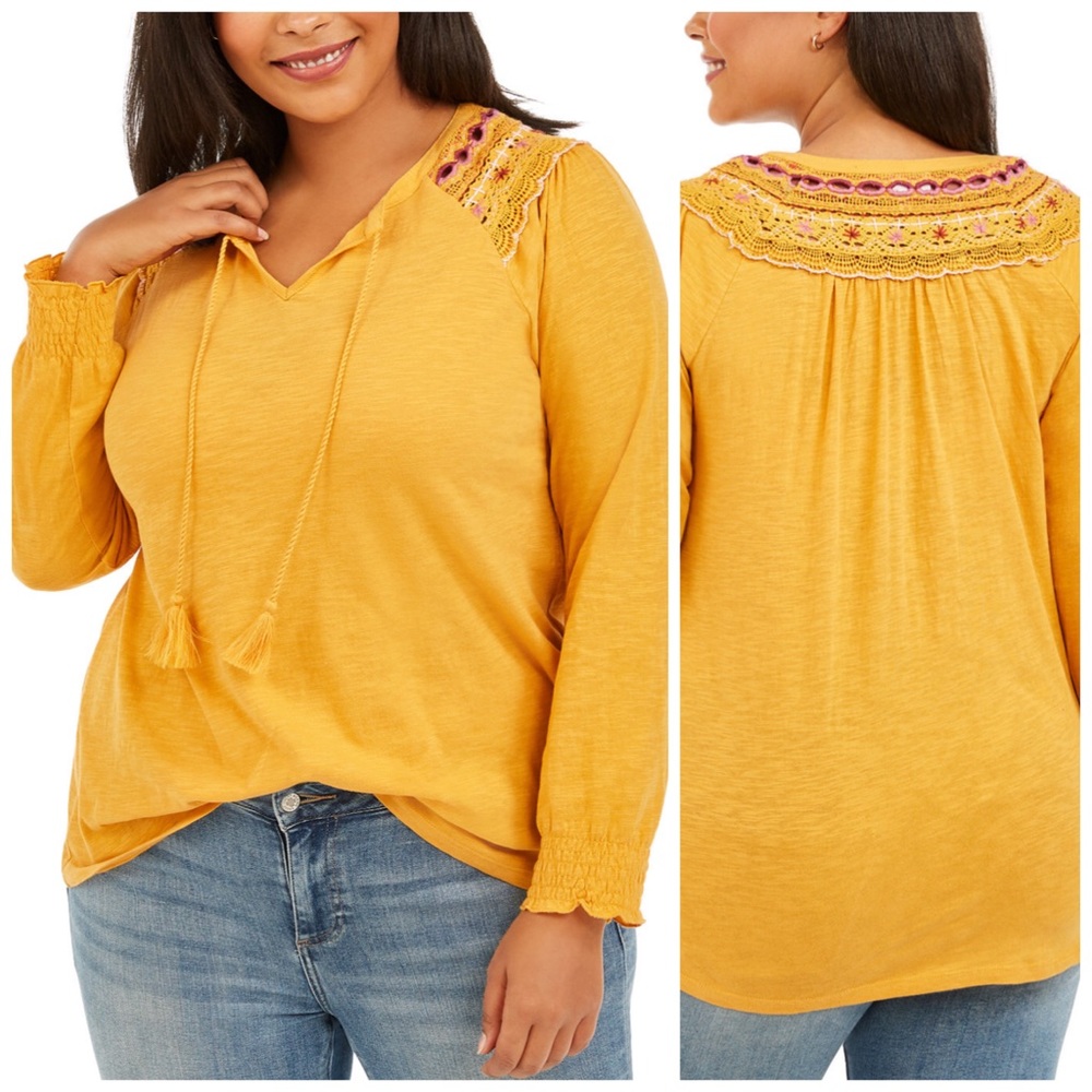 0X Style & Co Yellow Embroidered Top Plus Size